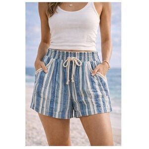 BRIGGS Linen Blend Striped Pull-On Shorts Blue Cream Boho Coastal Sz S
